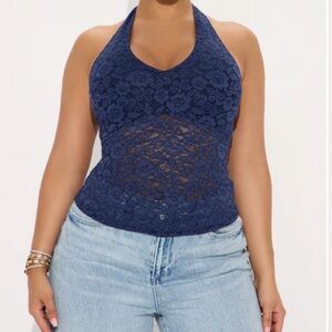 Fashion Nova Navy Lace Lena Halter Top XL